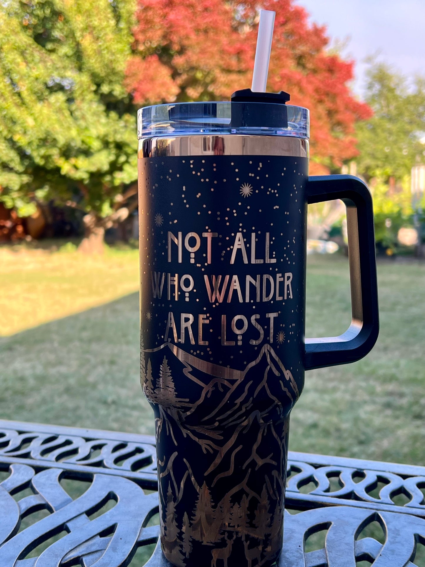 Not All Who Wander Black and Gold Tumbler