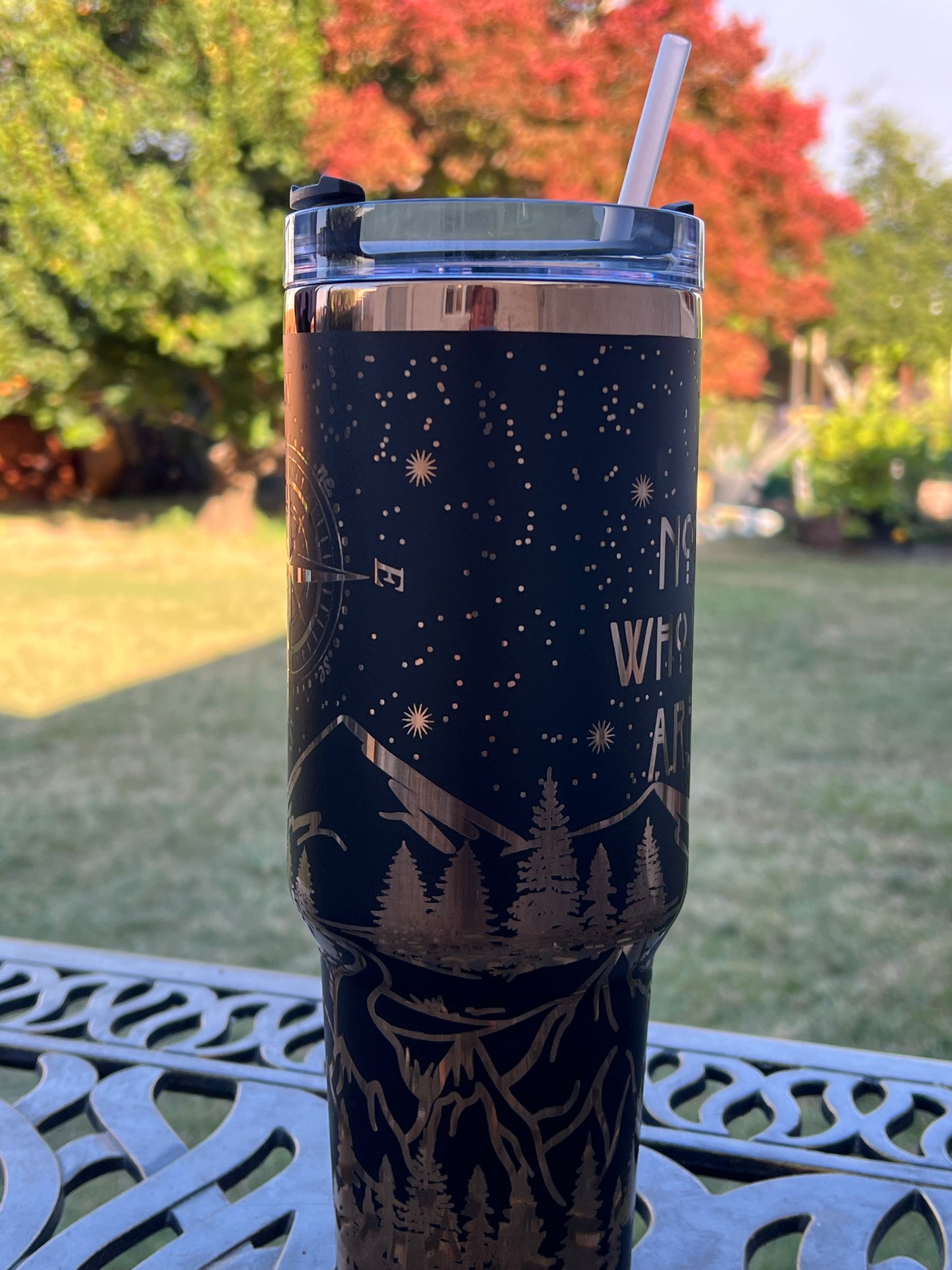 Not All Who Wander Black and Gold Tumbler